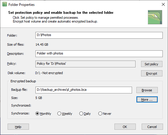 Properties of the protected folder