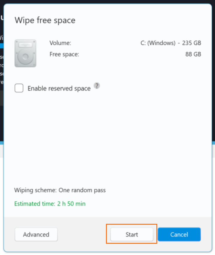 Screenshot showing BCWipe start button for wiping free space on Windows 11