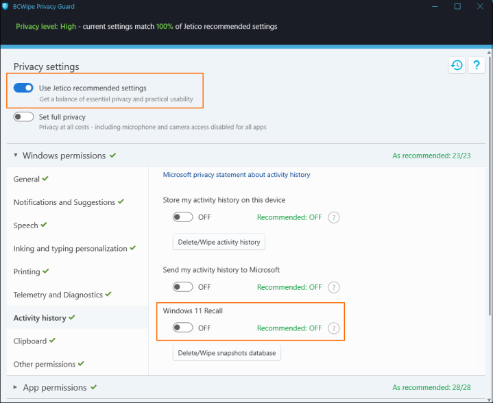 Screenshot showing how to disable Windows 11 Recall with BCWipe Privacy Guard