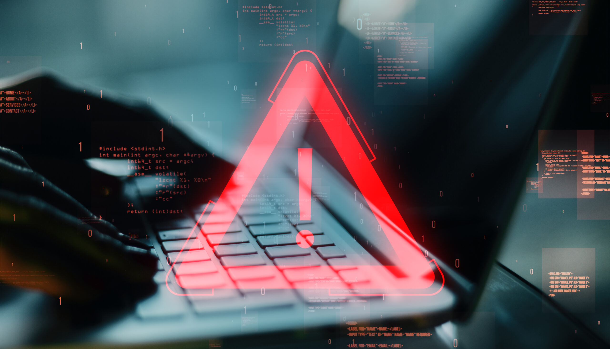 Red warning symbol with an exclamation mark over a laptop keyboard and lines of digital code, representing a data spill, security incident, and the risk of unauthorized exposure of sensitive information.