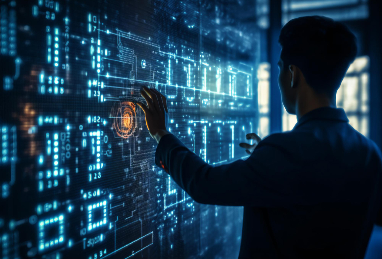 A man interacting with a futuristic digital interface displaying cybersecurity and data protection elements, symbolizing advanced technology and cyber defense.