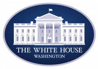 Official White House logo featuring a stylized illustration of the White House in white against a navy blue background, with the text "The White House Washington" below it.