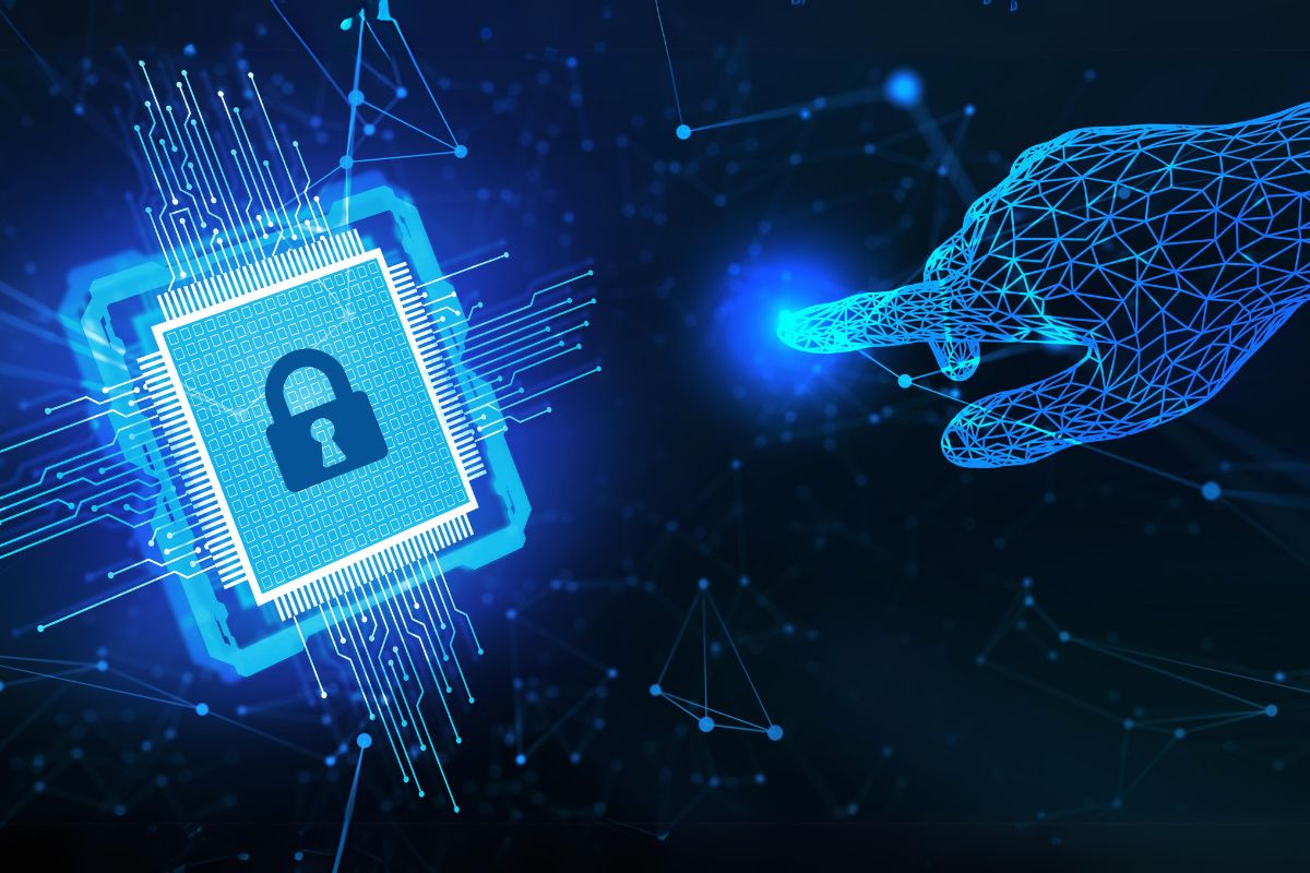 Futuristic digital illustration of a secured microchip with a lock icon, symbolizing single installation and one-click complete endpoint data protection.