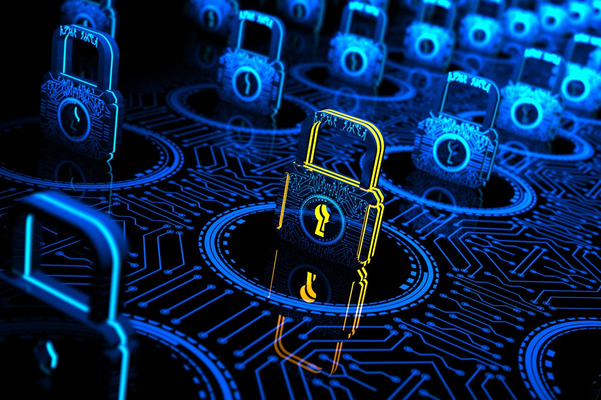 Futuristic digital locks on a circuit board, with a highlighted yellow lock symbolizing enhanced encryption protection through a unique security feature.