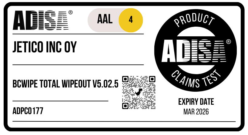 ADISA certification label for Jetico Inc Oy's BCWipe Total WipeOut V5.02.5, showing AAL 4 rating and expiry date of March 2026