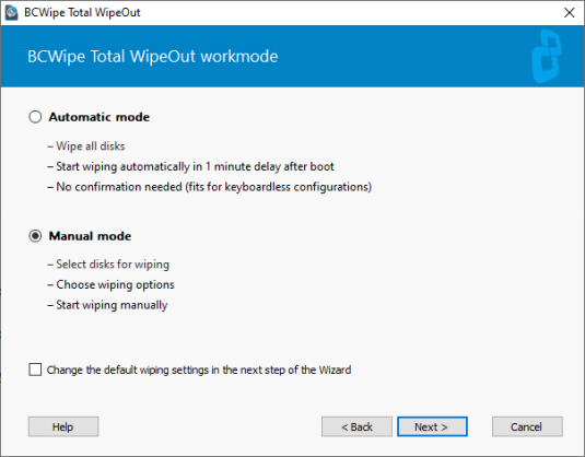 Screenshot showing how to set up BCWipe Total WipeOut to start the secure erasure process in manual mode