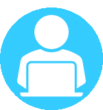 A blue circular icon with a white silhouette of a person using a laptop, representing the concept of "data in use" in cybersecurity, where active data is being processed or accessed.