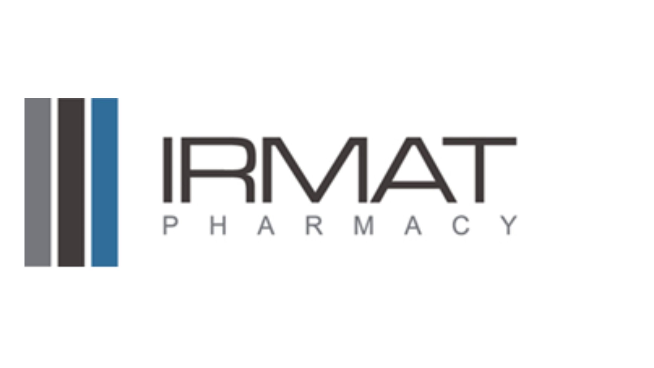 IRMAT Pharmacy logo featuring bold, modern typography with vertical lines in gray, black, and blue on a white background