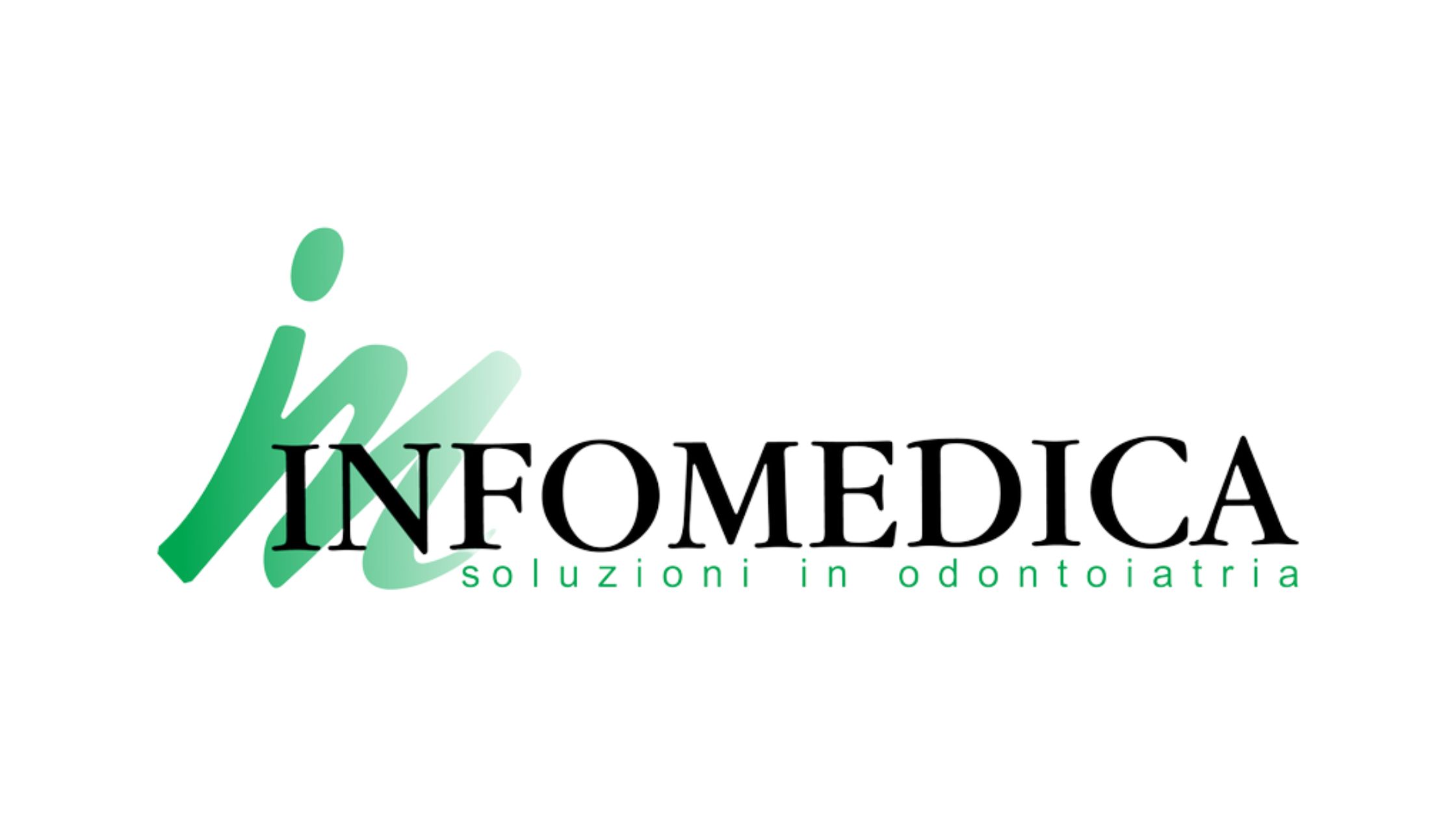 Infomedica logo featuring black, bold serif font for the name "INFOMEDICA," with the tagline "soluzioni in odontoiatria" in green. A dynamic, stylized green icon is placed behind the text, giving a fresh and professional look