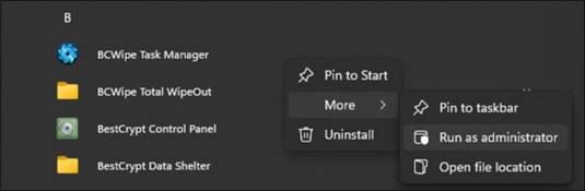 Screenshot showing how to run BCWipe as Admin to delete temporary files