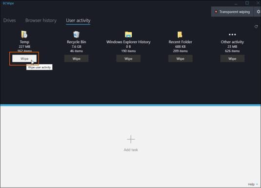 Screenshot showing how to run Wipe User Activity to delete temporary files with BCWipe