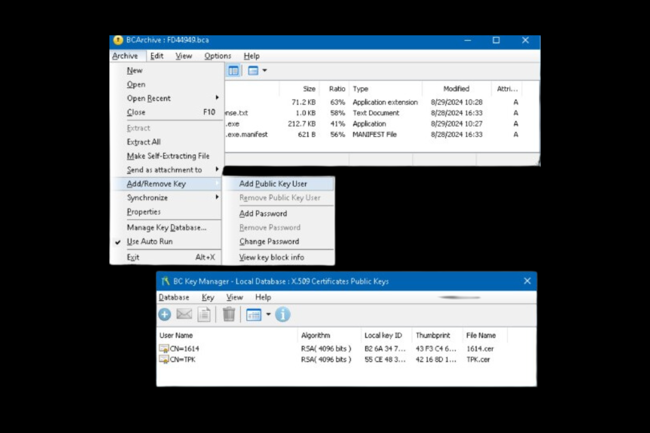 BCArchive software interface displaying file encryption options with public key management, including adding and removing public key users