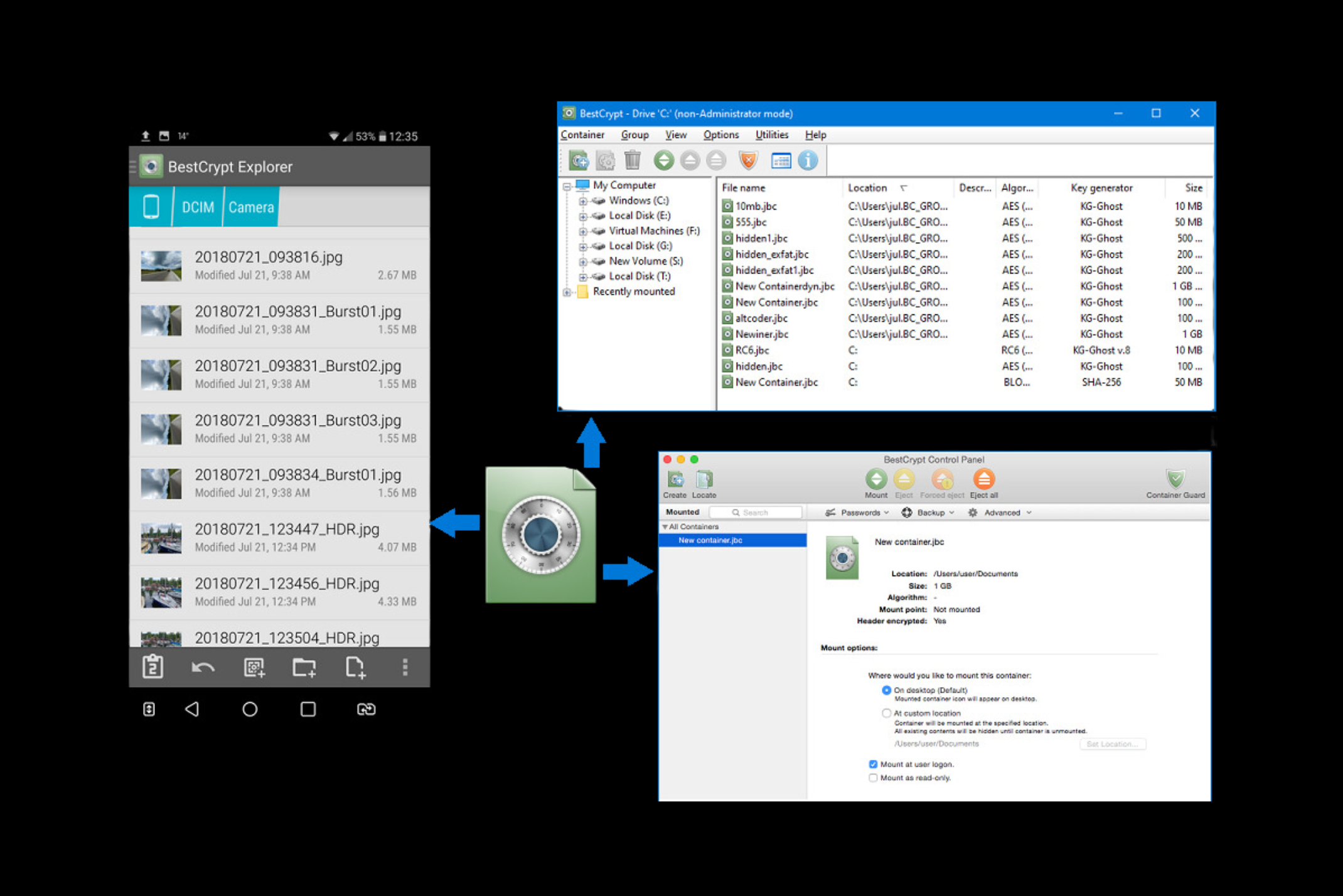 BCExplorer interface on mobile and desktop platforms, showcasing cross-platform encrypted file access and secure storage management