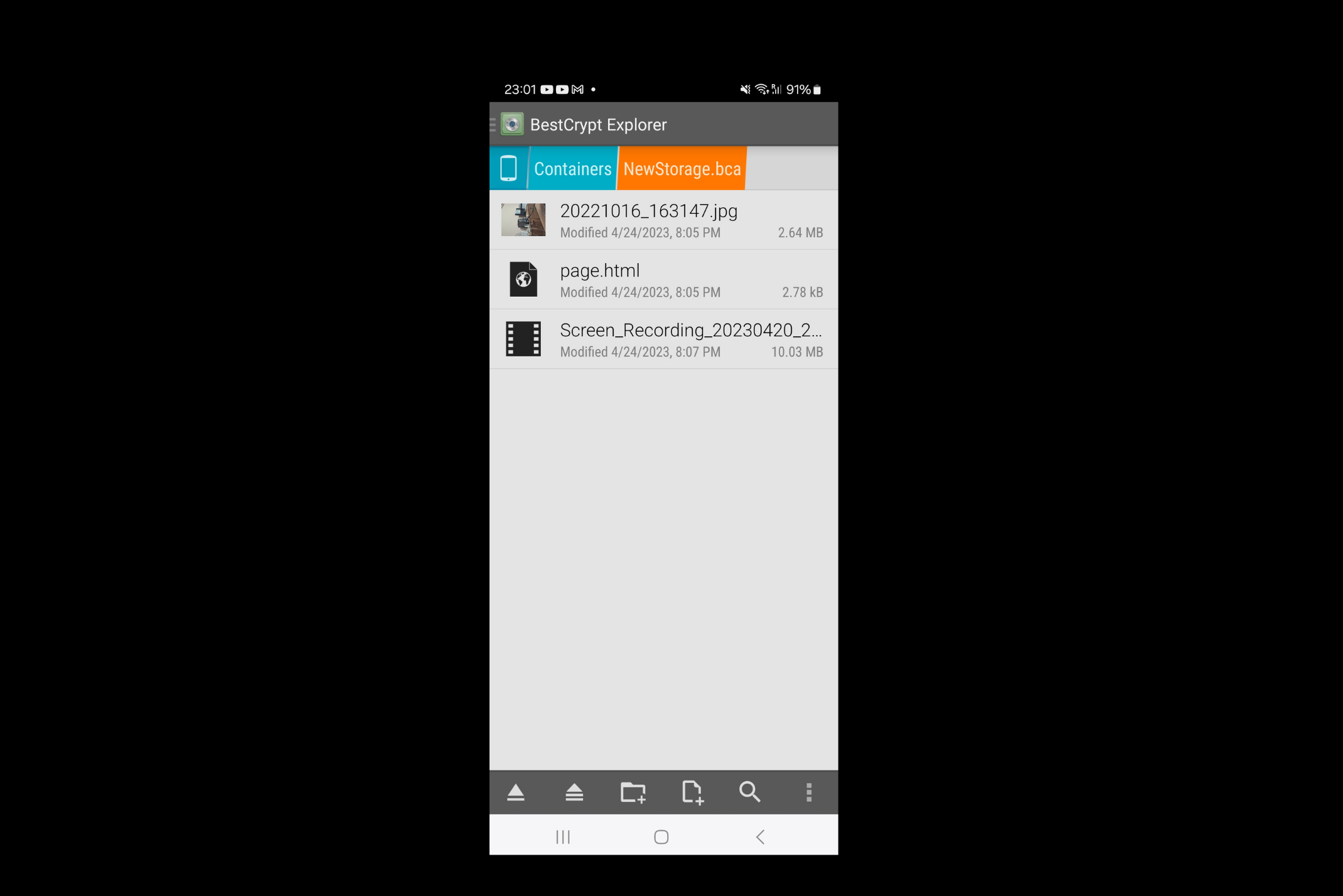 BCExplorer mobile interface displaying an encrypted file manager with a secure storage container and various stored files