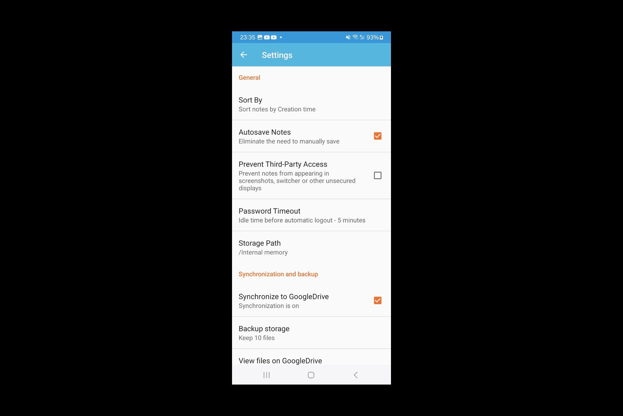 BestCrypt Note mobile app settings screen showing options for autosave, password timeout, third-party access blocking, and Google Drive synchronization