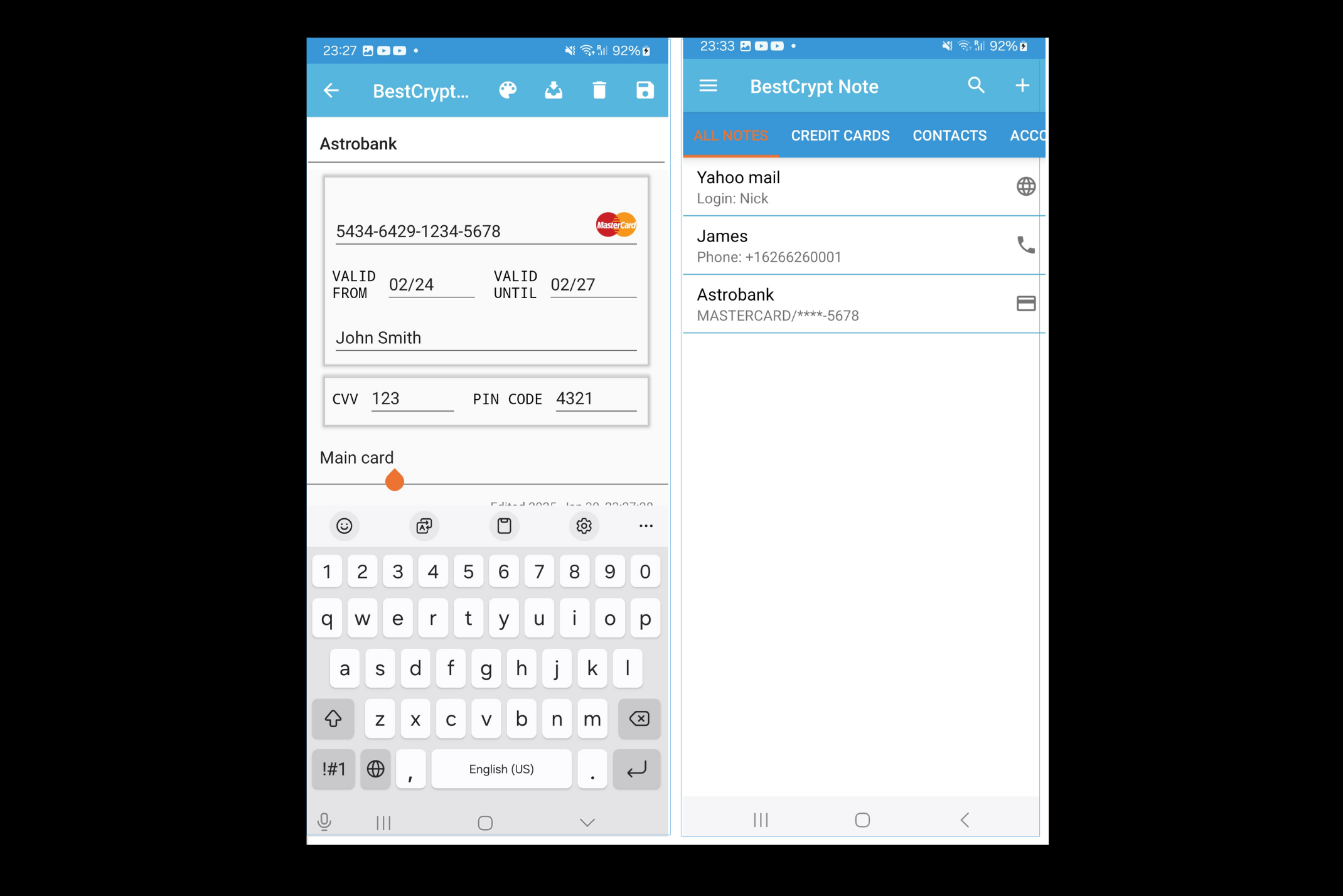 BestCrypt Note mobile app interface displaying secure storage for passwords, credit card details, and contact information with encryption