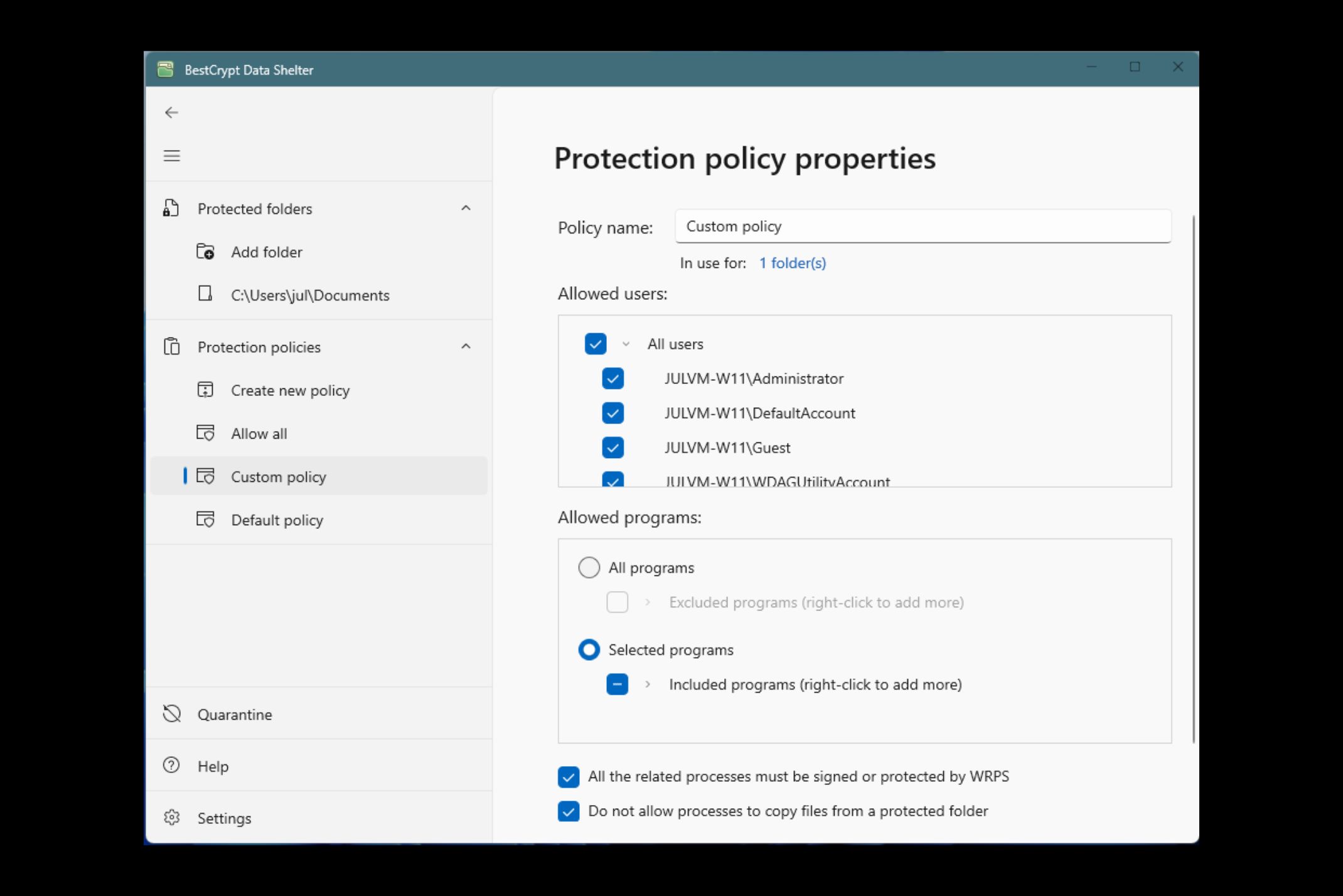 Data Shelter custom protection policy BestCrypt Data Shelter screenshot