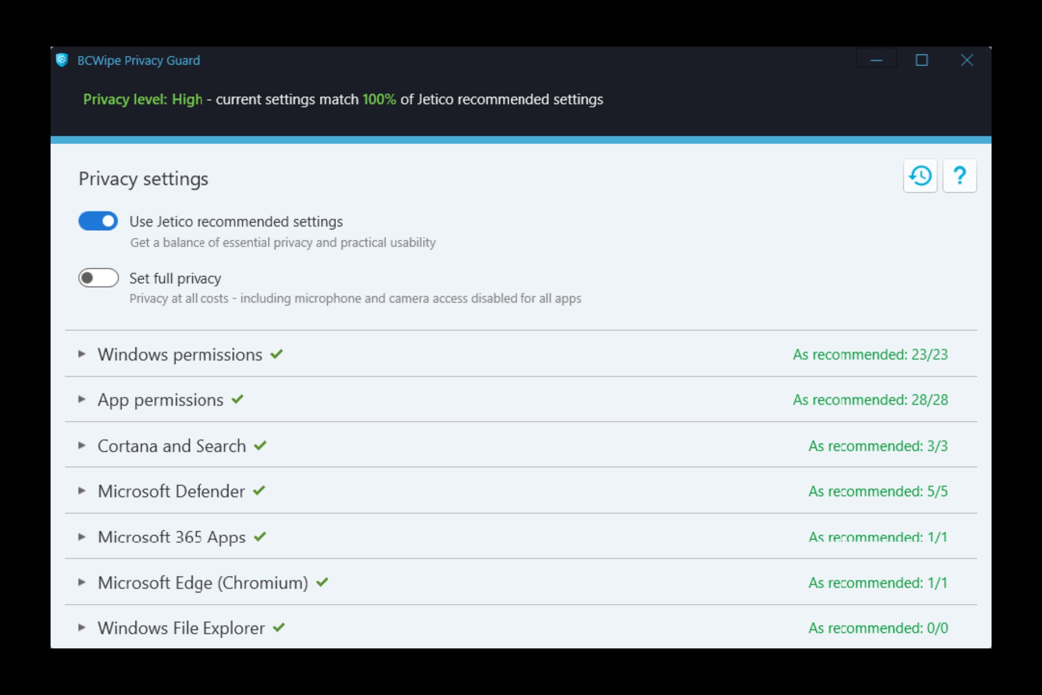 Privacy Guard Jetico recommended settings BCWipe Privacy Guard screenshot