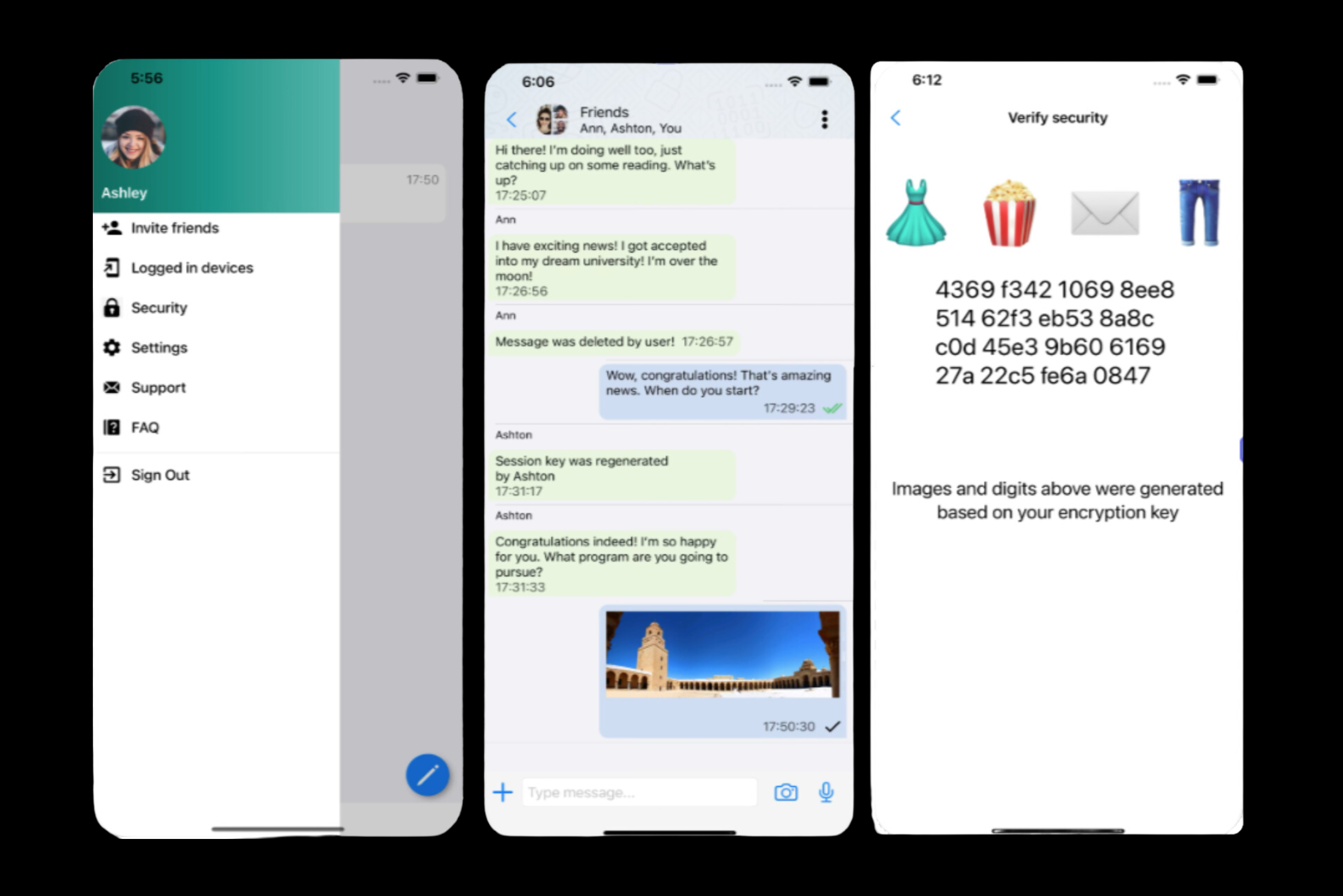 Jetico Messenger chat with encryption verification, showing real-time secure conversation and user settings