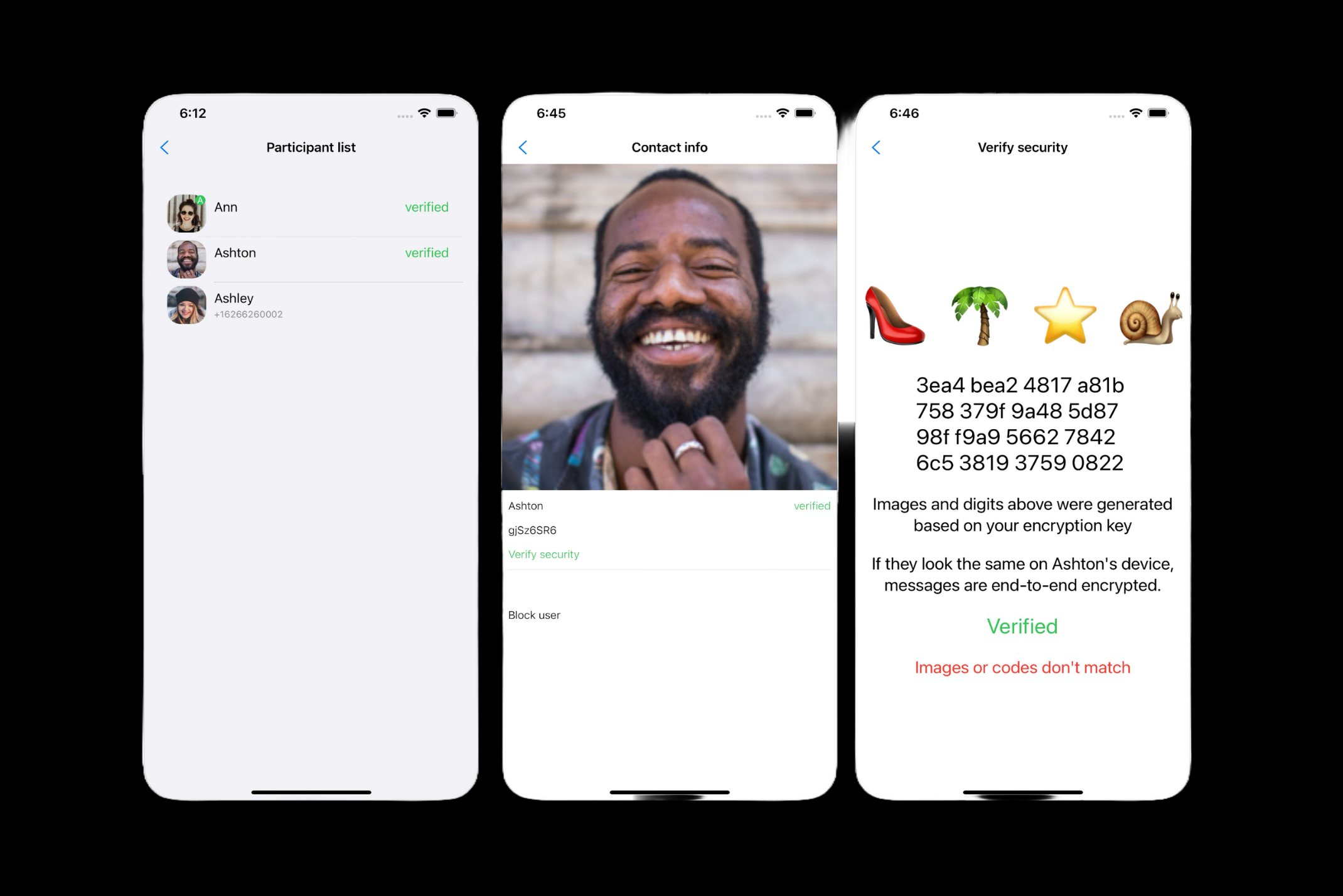 Three mobile phone screens displaying Jetico Messenger's secure chat verification process, including a participant list, user profile, and encryption verification screen with emojis and security codes