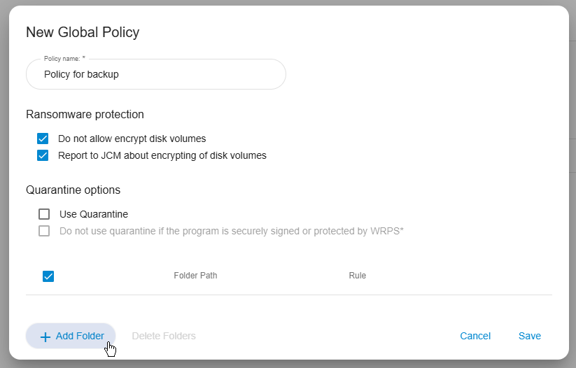 BestCrypt Data Shelter New Global Policy dialog with the policy named "Policy for backup" and both ransomware protection options enabled.