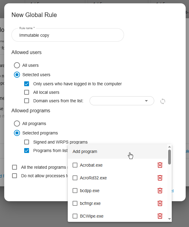 BestCrypt Data Shelter New Global Rule dialog named "Immutable copy" showing the Add program dropdown with available executables.