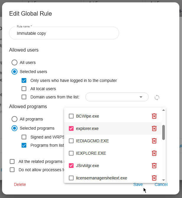 BestCrypt Data Shelter Edit Global Rule dialog with allowed programs selected for the "Immutable copy" rule.