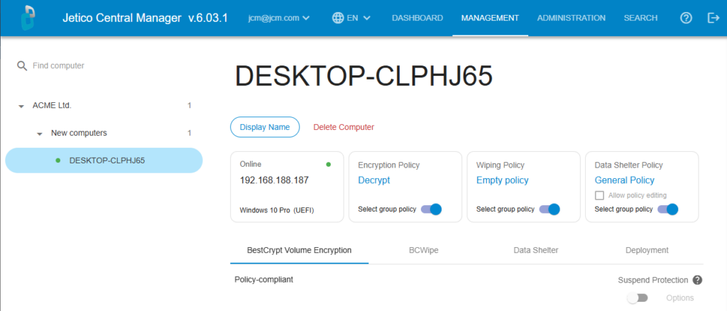 Jetico Central Manager Management page showing a computer with its encryption, wiping and Data Shelter policy cards.