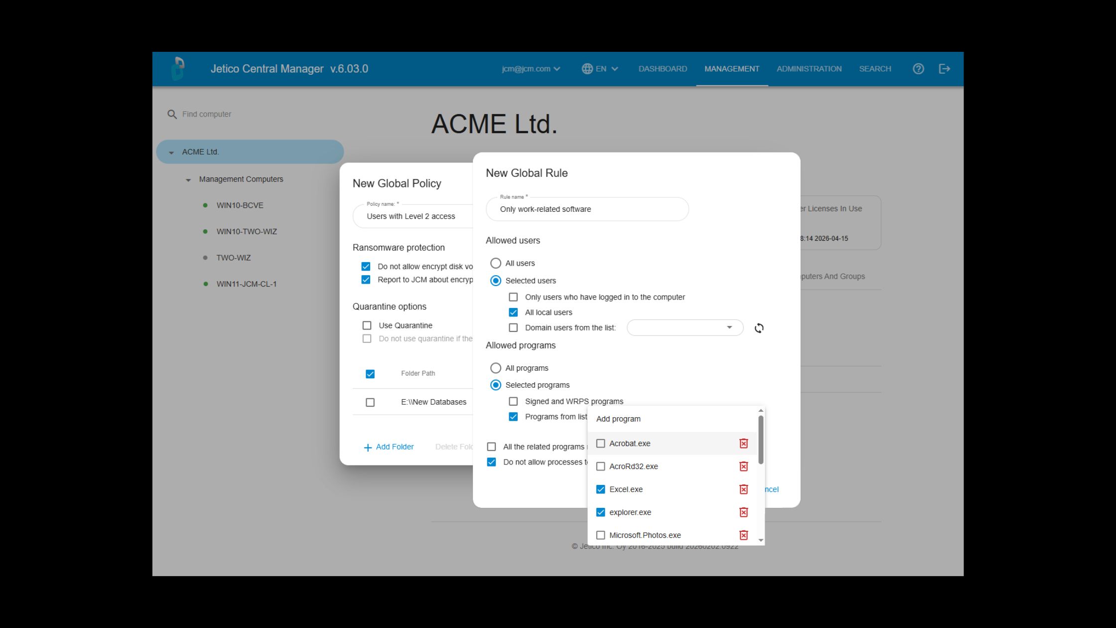 BestCrypt Data Shelter interface in Jetico Central Management for creation and distribution of data access control policies across endpoints