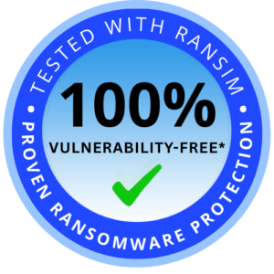 RanSim-tested badge showing100% vulnerabilities-free from ransomware with BestCrypt Data Shelter