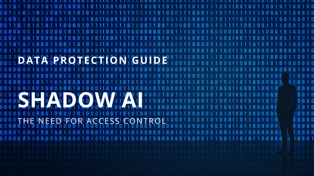 Blog header graphic with dark blue background featuring binary code and the silhouette of a person. Text reads 'Data Protection Guide: Shadow AI: The Need for Access Control.'