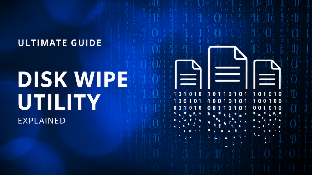 Illustration of digital files being securely erased, representing disk wipe utilities and permanent data removal.