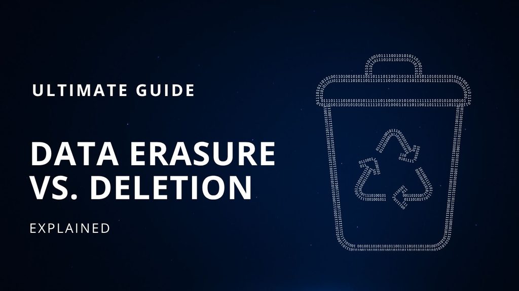 Blog header graphic with dark blue background featuring a recycle bin icon drawn entirely from white binary code, with a recycling symbol on its front. Text reads "Ultimate Guide: Data Erasure vs. Deletion – Explained."