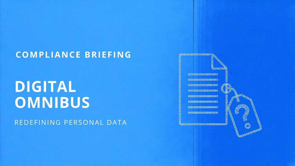 Blog header graphic with a background split into dark navy and bright blue. A white document icon made of binary code sits on the dividing line, with a price tag hanging from it showing a question mark. Text reads “Compliance Briefing: Digital Omnibus – Redefining Personal Data.”